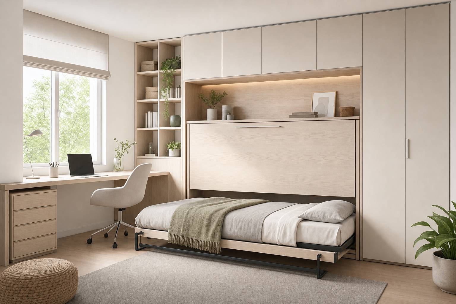 Cómo decorar una habitación con cama abatible, escritorio y zona de almacenaje