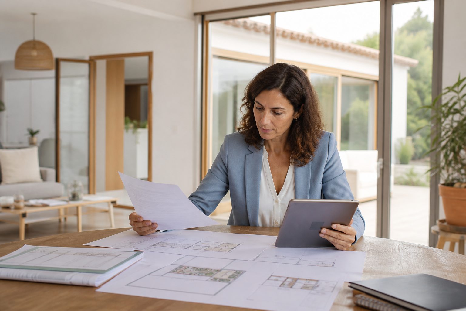 Arquitecta revisando planos y documentación en el interior de una vivienda